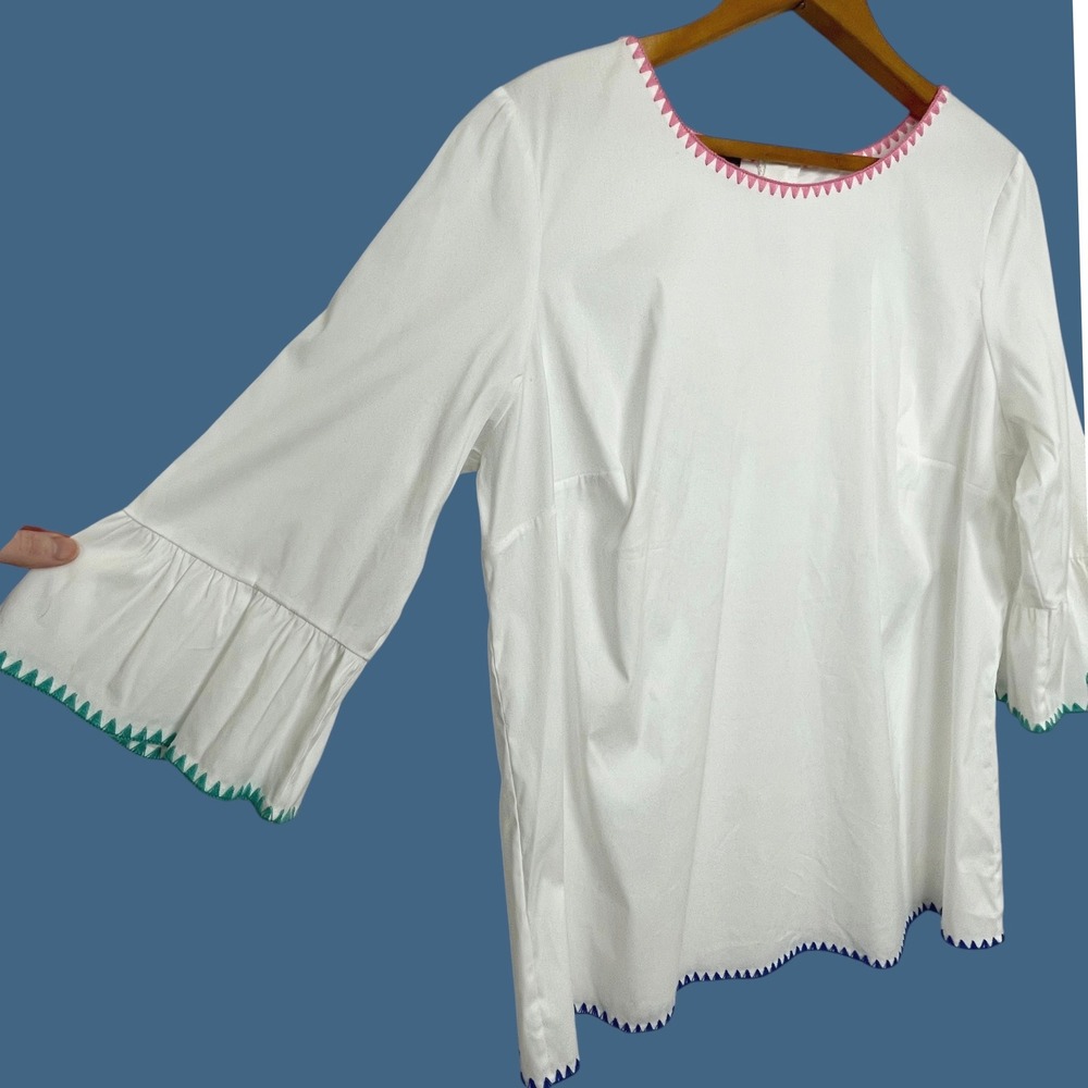 Talbots Womens White‎ Embroidered Ruffle Bell Sleeve Top 1X 3/4 Sleeve Coastal - Picture 2 of 8